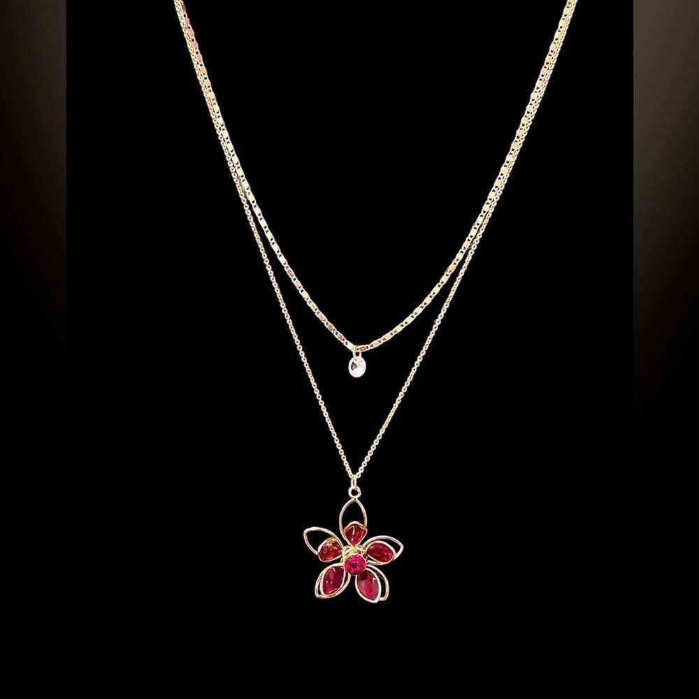 ⭐️3/$25⭐️ LC Lauren Conrad Red Flower Cubic Zirconia Gold Tone Long Necklace NWT